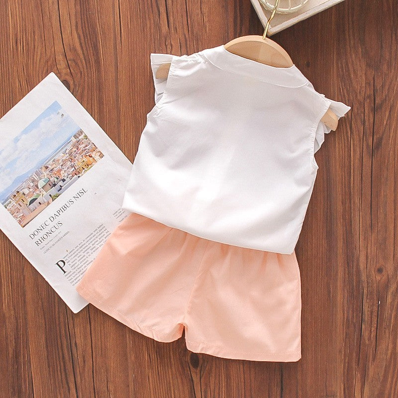Summer new girls' outfit set - kids' baby pink leaf print ruffle collar top + shorts 2-piece set -