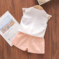 Summer new girls' outfit set - kids' baby pink leaf print ruffle collar top + shorts 2-piece set -