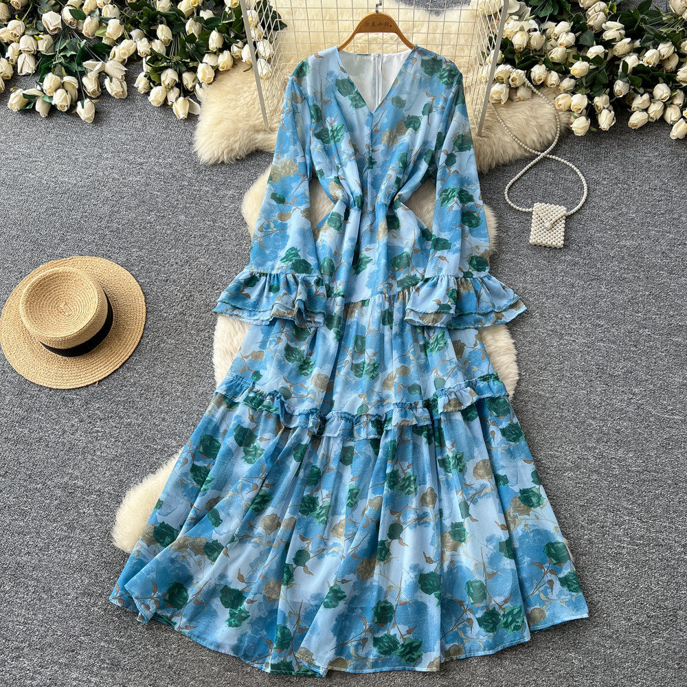 French riviera-inspired printed v-neck dress - women's long sleeve tie-waist maxi dress - slim fit, work-ready