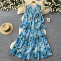 French riviera-inspired printed v-neck dress - women's long sleeve tie-waist maxi dress - slim fit, work-ready