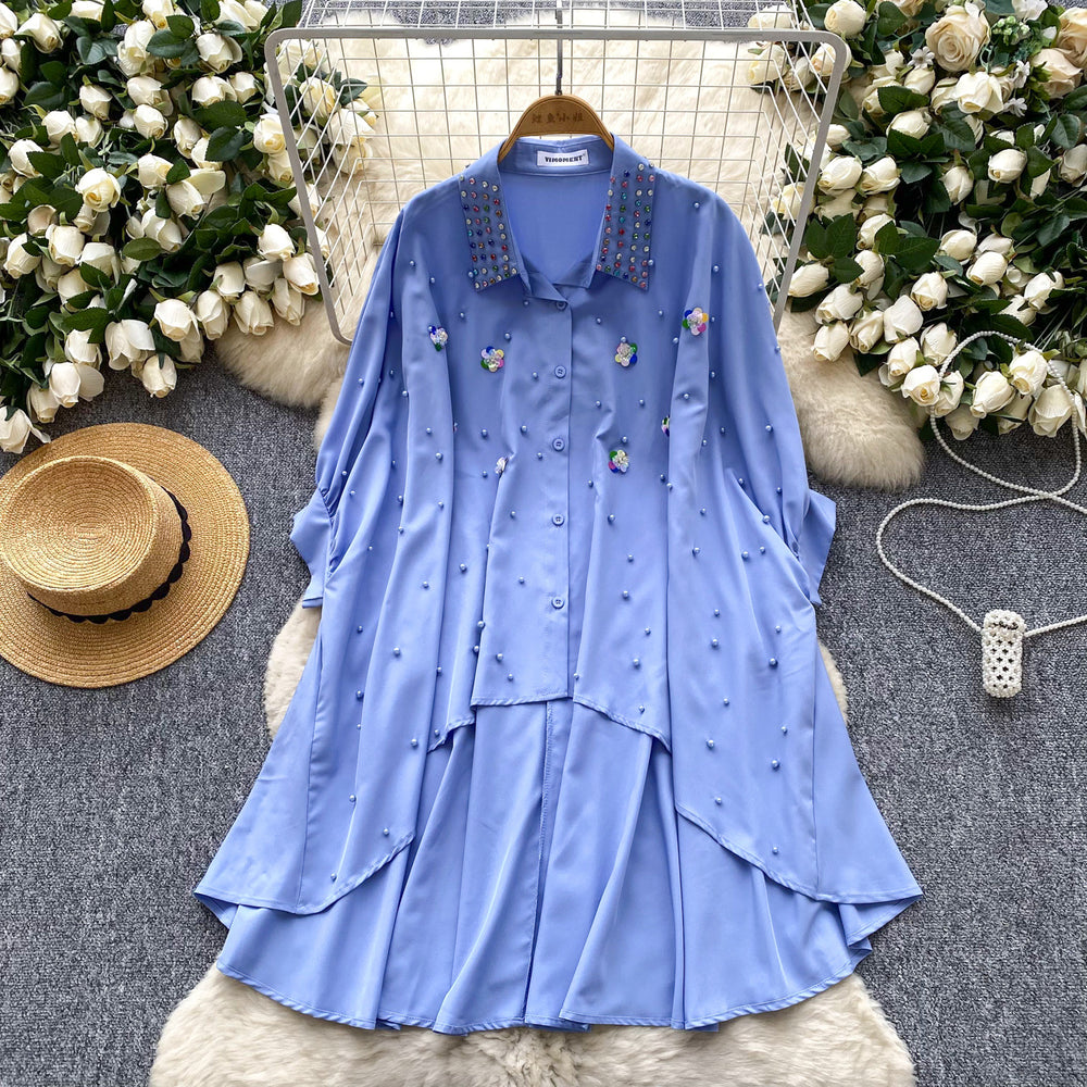Fashionfashionable heavy industry beading stereo flower shirt women's sense of design asymmetrical loose bat sleeve tops