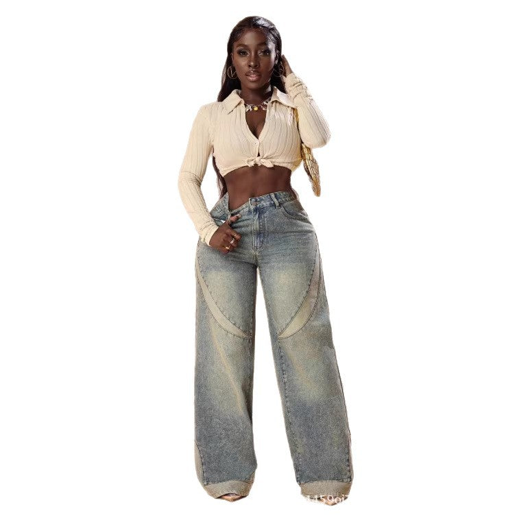 Amazon tiktok pinduoduo foreign trade cross-border fashion american retro distressed patchwork wide-leg jeans women's summer