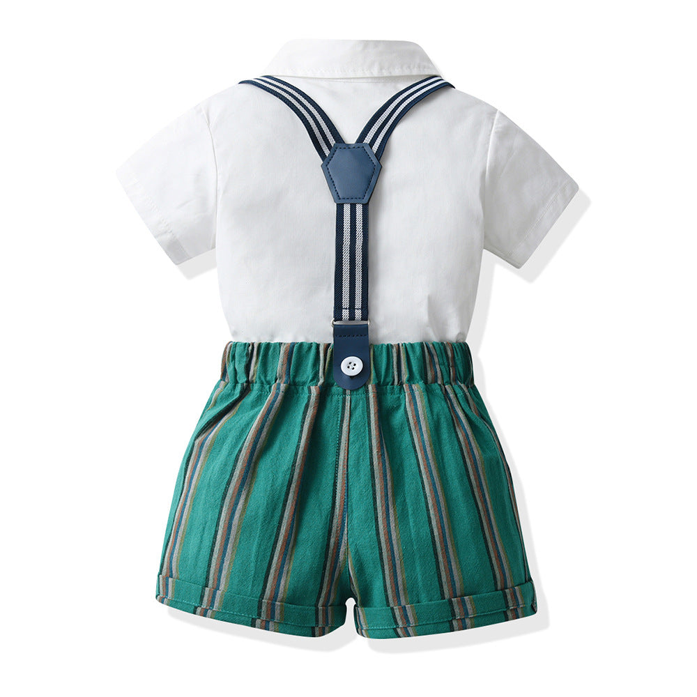New in stock: summer boys' british style outfit - short sleeve shirt & striped overalls gentleman's first birthday suit