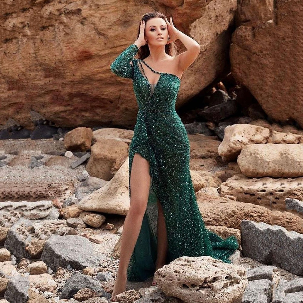 cross-border women's dreamy socialite party high-quality sexy high-slit long sleeve sequin banquet evening gown