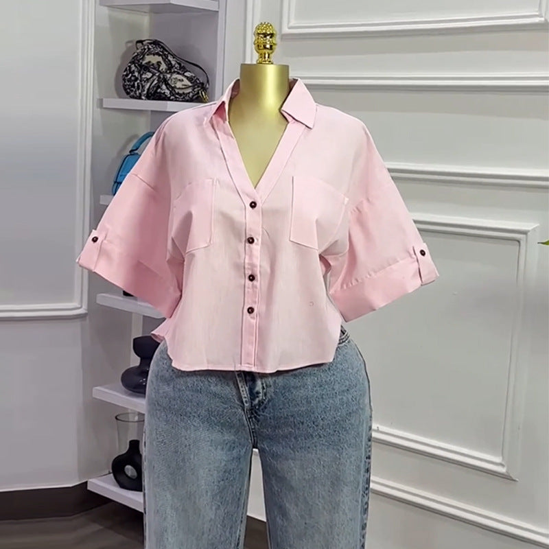 European and american cross-border women's fashion:  summer new arrival - designer turn-down collar, loose fit, versatile, and stylish cropped shirt top