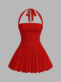 cross-border halter neck tie sexy bubble ruffle waist mini dress for women