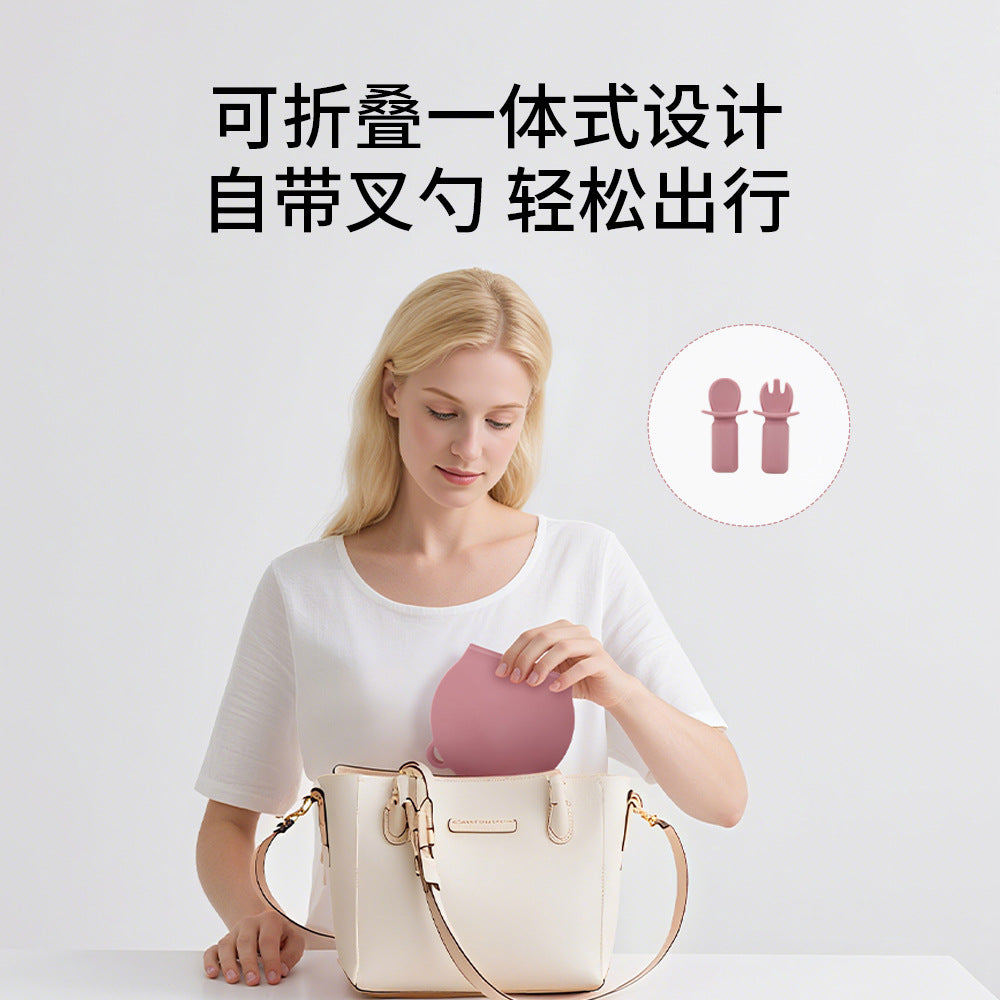 New Food Grade Silicone Toddler Plate Fork and Spoon Set Travel Silicone Baby Feeding Folding Lunch Box Set