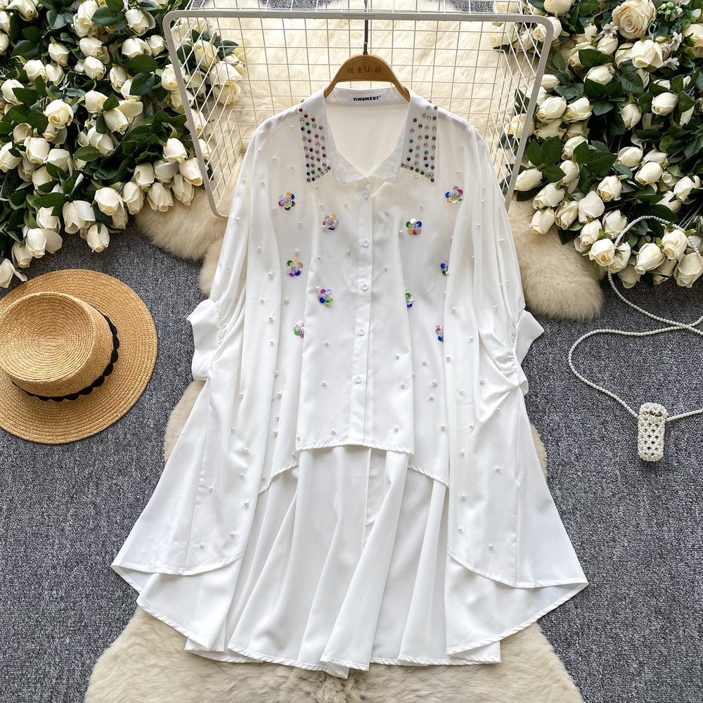 Fashionfashionable heavy industry beading stereo flower shirt women's sense of design asymmetrical loose bat sleeve tops