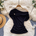 Korean style commute chic off-the-shoulder t-shirt: soft, breathable, relaxed fit with a cinched waist and asymmetrical design