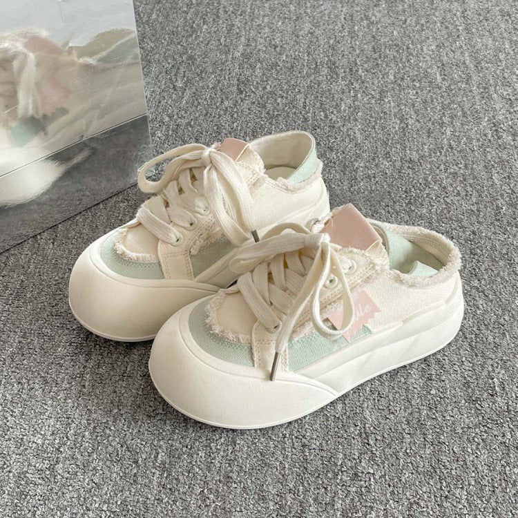 2026 new summer/autumn two-wear slip-on chunky sole canvas sneakers - women's student style, white shoes, versatile bread shoes