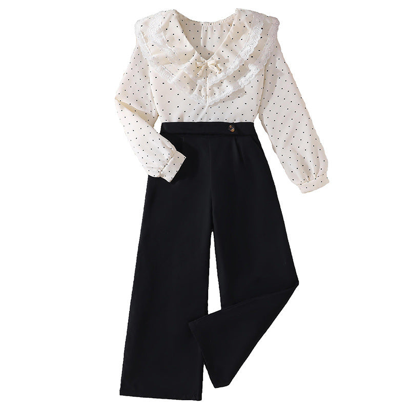 spring new arrival: cross-border girls' and big girls' outfit set - stylish v-neck polka dot lace trim long sleeve casual pants