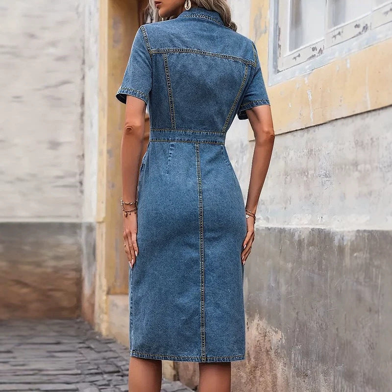 new arrivalplus size women's clothing  lapel denim short-sleeved cardigan medium dress export