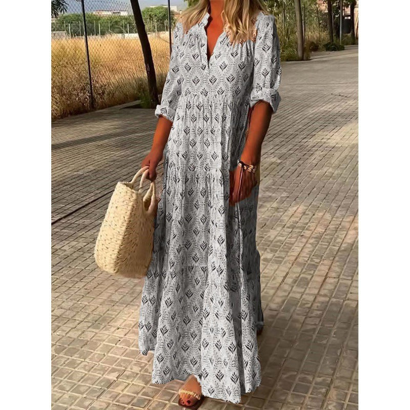 Export fashion women's clothing cross-border  summer new arrivalretro stand collar plus sizefashionloosedresslong