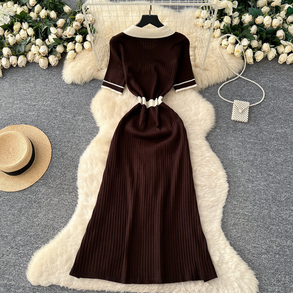 Niche styleretro socialitefashioncontrast colorpolo collar metal buckle short-sleeved knittingdress women's waist sweater long skirt