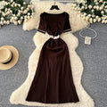 Niche styleretro socialitefashioncontrast colorpolo collar metal buckle short-sleeved knittingdress women's waist sweater long skirt