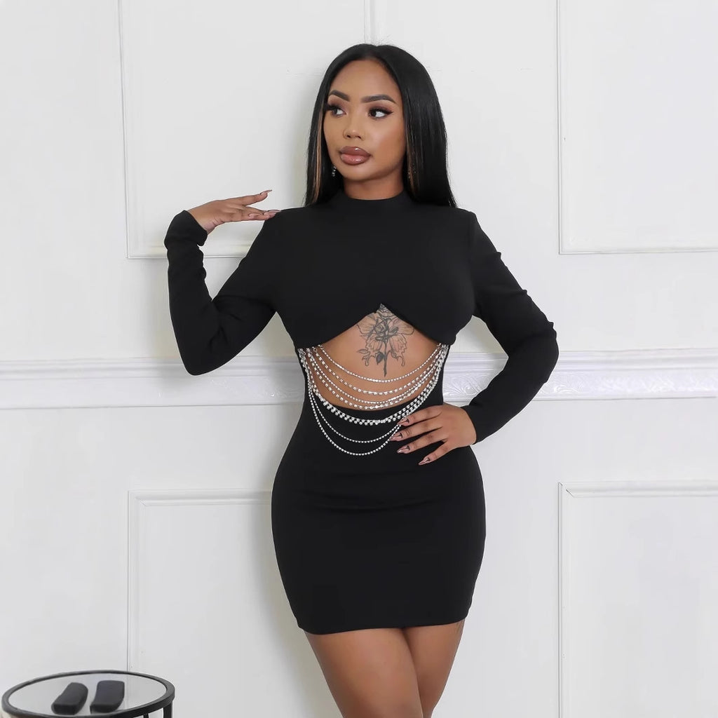 Spot 2024 Cross-border Europe, America,  Independent Station Unbreakable Diamond Chain Solid Color Long Sleeve Slim Hip Wrap Dress