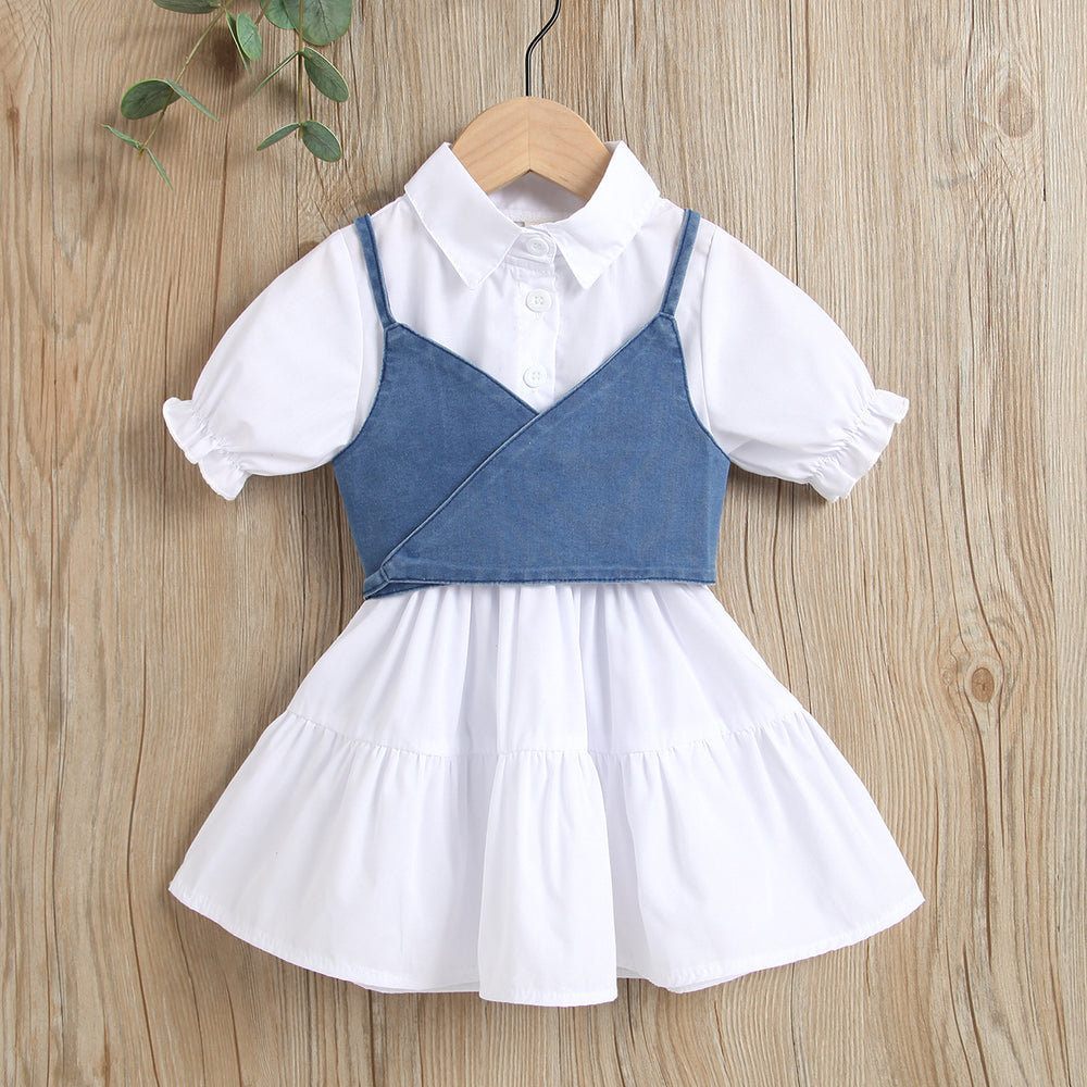 new product girl fashion style socialite pure color short-sleeved patchwork petticoat tie back denim camisole suit