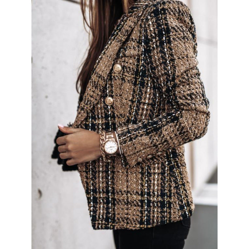 Independent station new arrival fall and winterlong sleeves double-breasted suit collar printing small outwear women's clothing
