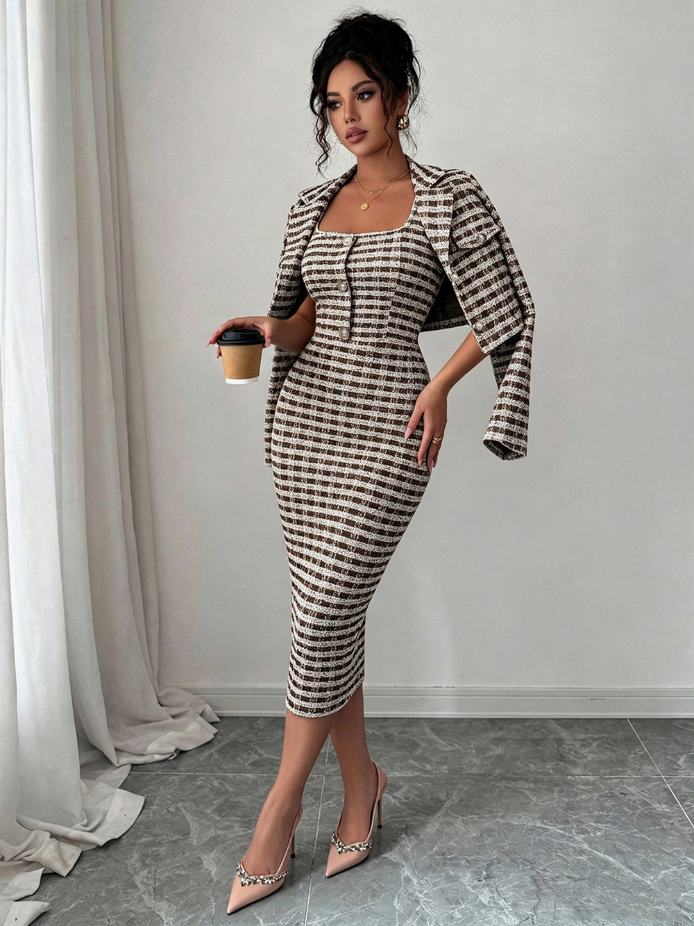 Exportfashionaccessible luxurywork clothing bouclé suitlong sleeves lapelshortoutwearmatching silm suspenders slimming look