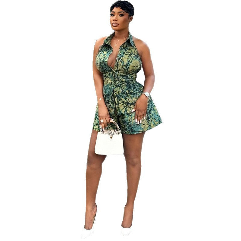 European and american cross-border women's fashion  autumn new sexy printed sleeveless turn-down collar shirt top and wide-leg shorts set