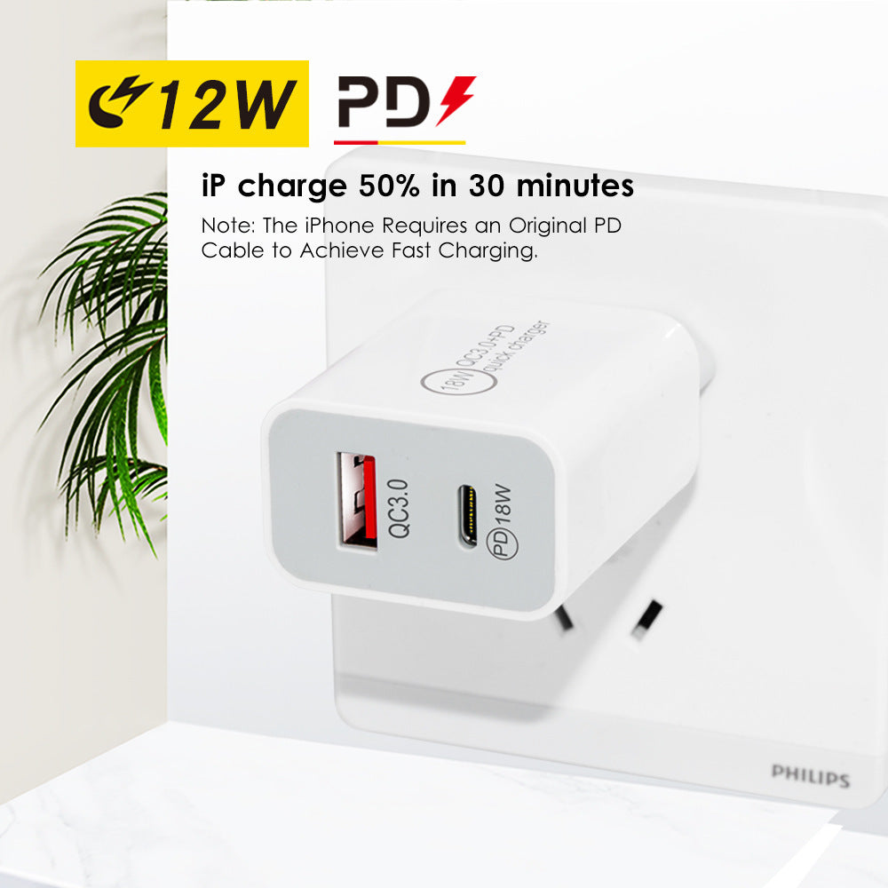 Pd20w charger us plug, 20w dual-port fast charging adapter, qc3.0 + pd compatible with apple, huawei, and xiaomi devices