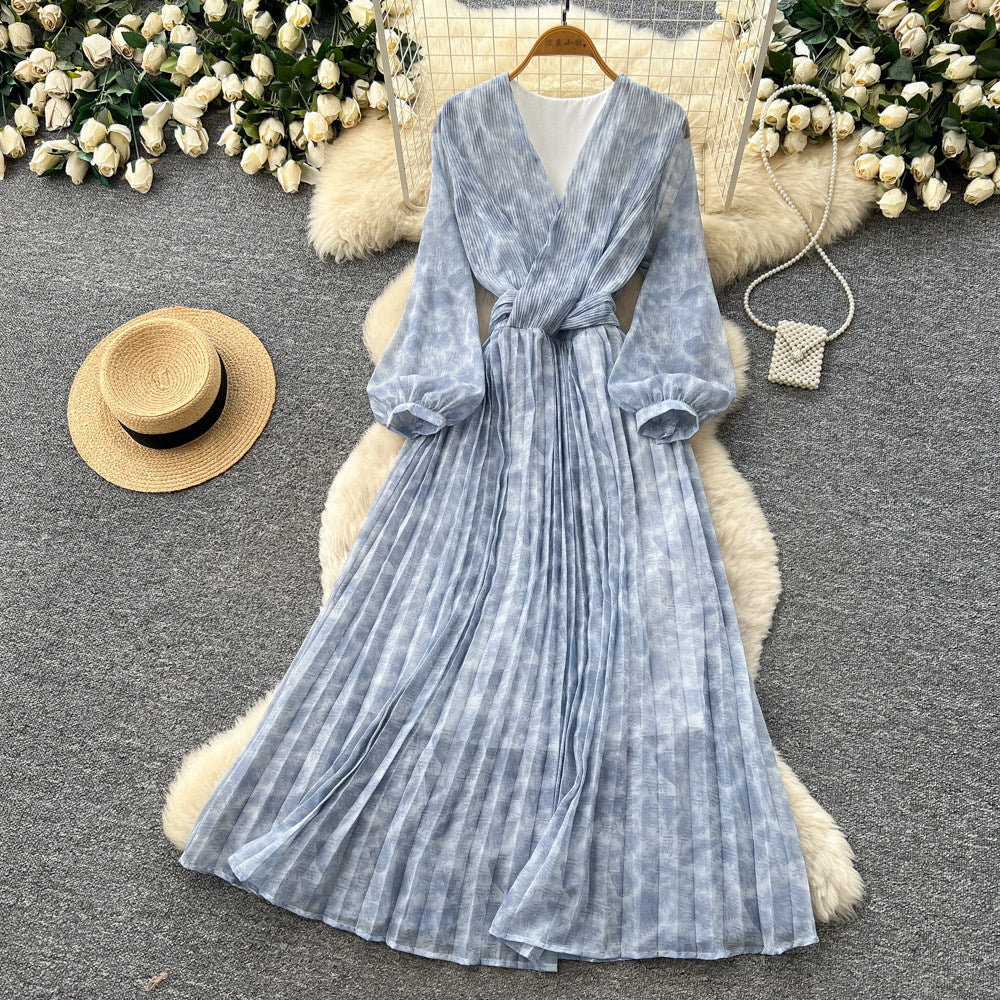 French riviera style v-neck lantern sleeve printed dress - women's summer korean style slimming a-line maxi dress