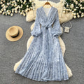 French riviera style v-neck lantern sleeve printed dress - women's summer korean style slimming a-line maxi dress