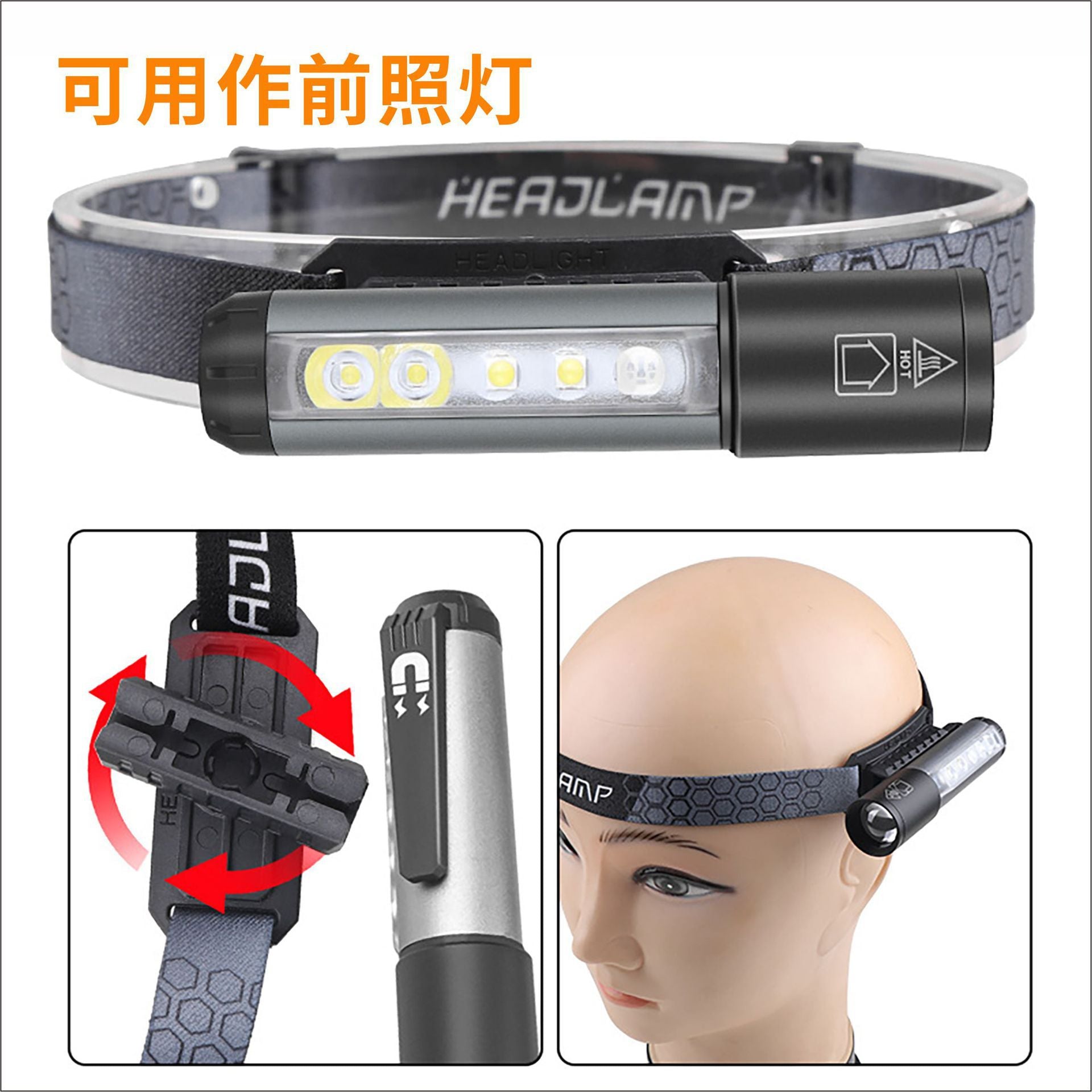 Cross-border new multi-light LED flashlight USB charging with magnetic work light Outdoor portable LED headlight