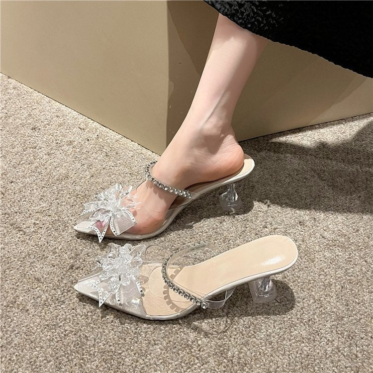 High heels women's fairy style 2023summerfashionoutwear pointed rhinestone square buckle transparent one-piece strap stiletto slippers