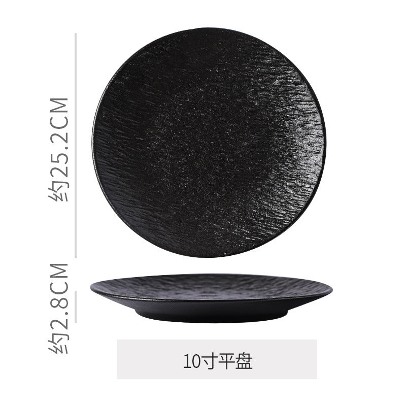 Vintage rock texture ceramic dinnerware set - soup plates, fish plates, steak plates, and vegetable plates - matte finish, high-end black and white dinnerware set