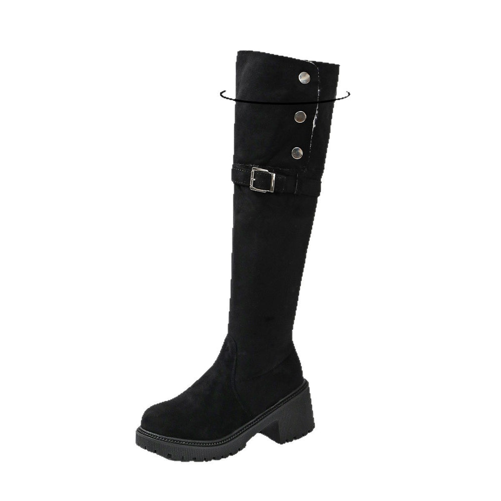 round toe over-the-knee boots for women  winternew arrivalfleece-linedslimming lookthick sole belt buckle high heel slim boots