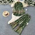 Retro ethnic style printingeleganttwo-piece set female autum puff sleeve polo collar silmloose pants royal sister suit