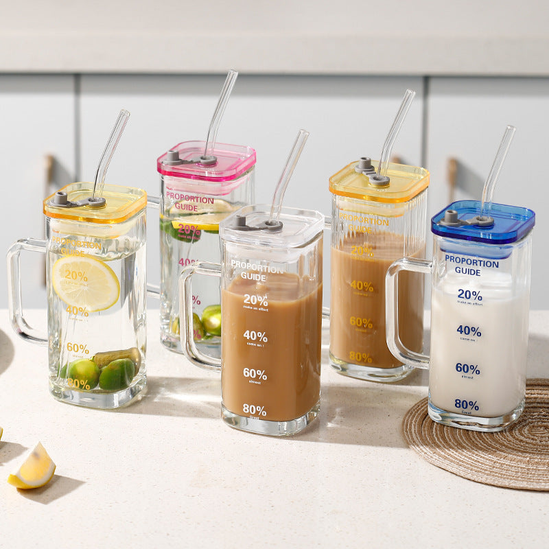 Square glass light luxury with bamboo cover juice cold drink cup household straw cup high value fruit teacup activity gift