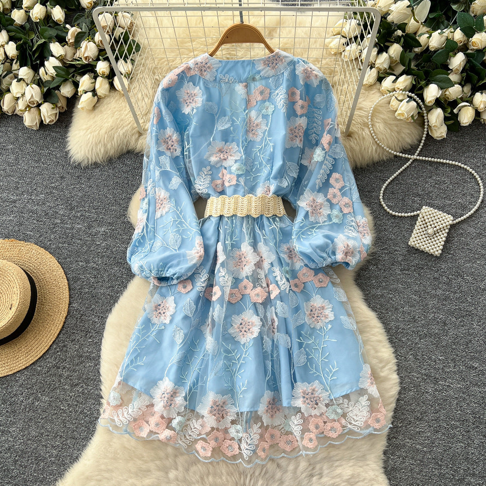 French court style heavy embroidery mesh dress - women's autumn tie-waist v-neck lantern sleeve elegant mini dress