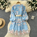 French court style heavy embroidery mesh dress - women's autumn tie-waist v-neck lantern sleeve elegant mini dress