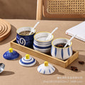 Household kitchen ceramic seasoning jar set - hand-painted creative pepper & salt shakers, sugar bowl, msg jar with wooden tray set