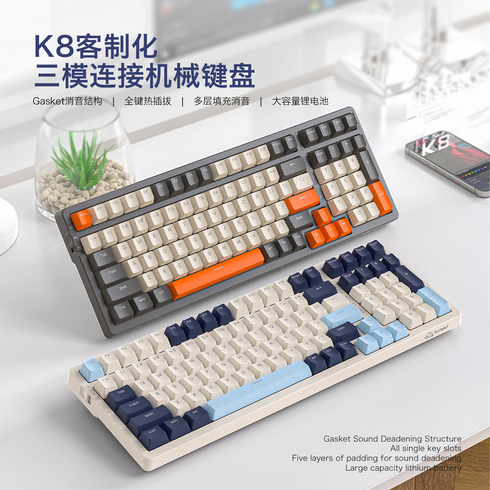 K8 mechanical keyboard - wired, wireless, bluetooth tri-mode - hot-swappable - mixed lighting - colorful keycaps - gaming, pc, office