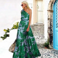 spring/summer new women's clothing  foreign trade style color block off-shoulder printed dress slim fit maxi dress