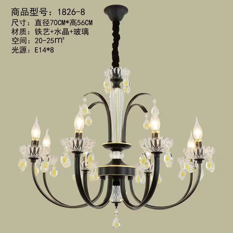 American simple wrought iron living room light luxury creative bedroom dining room light retro crystal light clothing store candle chandelier