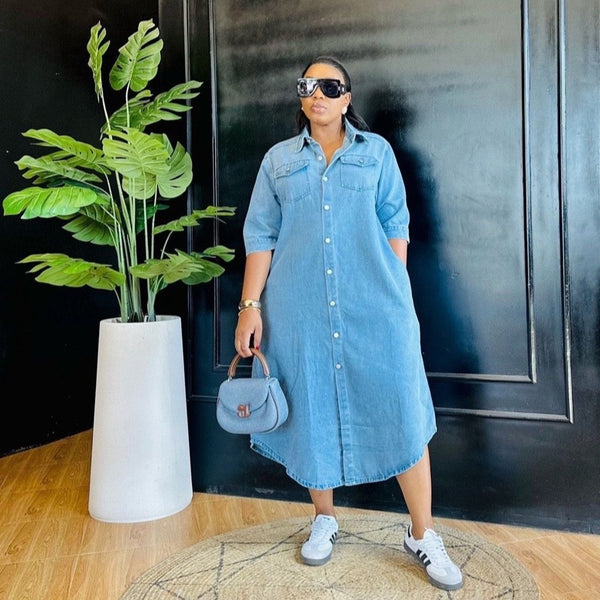 Cross-border women's clothing Polo collar denim shirt skirt summer long knee loose single-breasted pocket short-sleeved dress