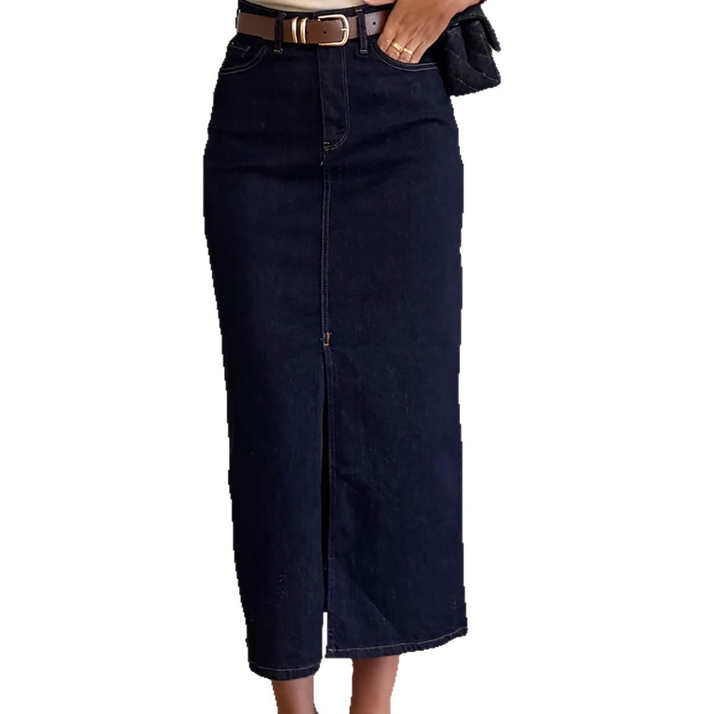 Retro dark blue high waist denim skirt women's medium longstraight-legelegant long skirt work clothingeasiest for matchslimming look skirt