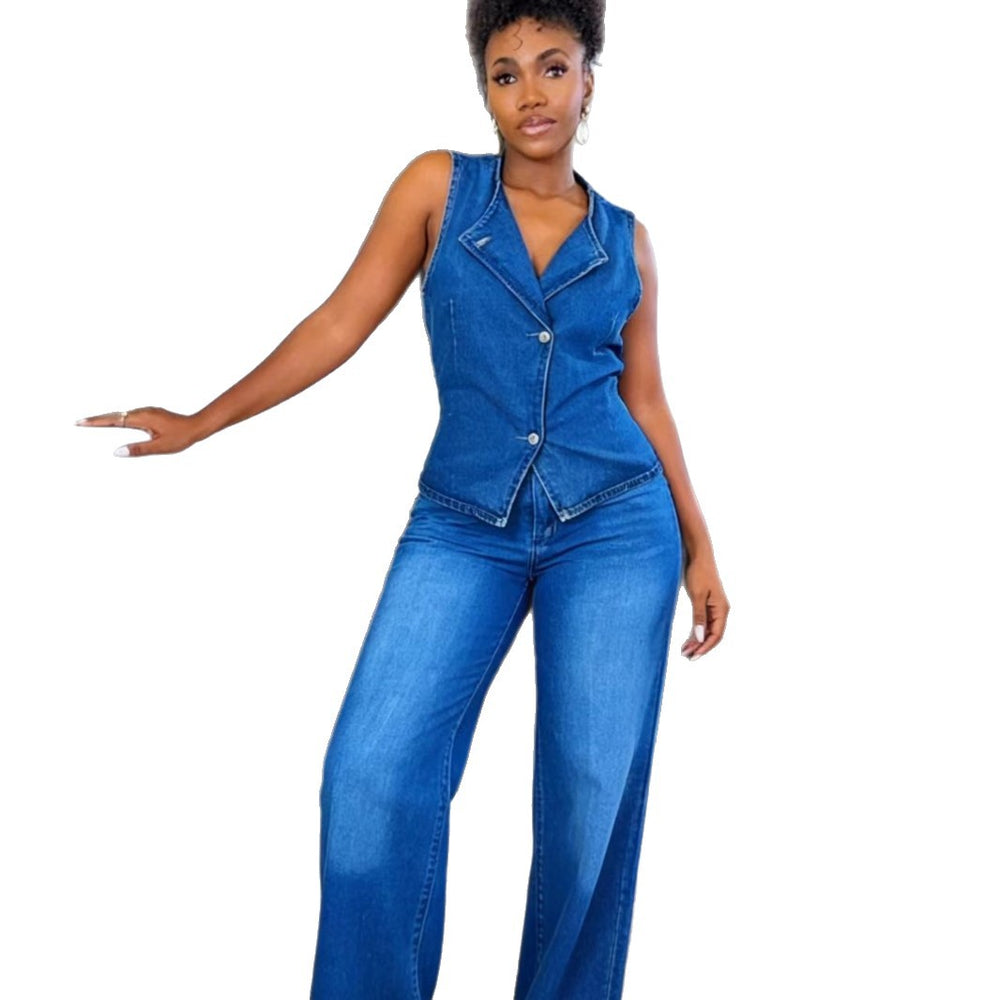 spring/summer new arrivals:  &  fashionable sleeveless vest & wide-leg denim set for women - european & american cross-border e-commerce style