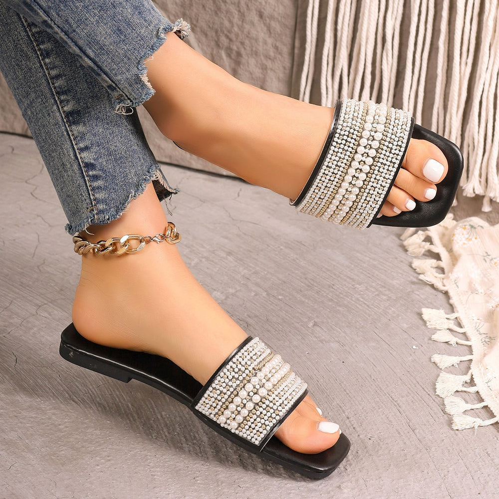 Fashionexportflatsplus size beaded flip-flops women's square toe rhinestone lightweight beach sandals slipper