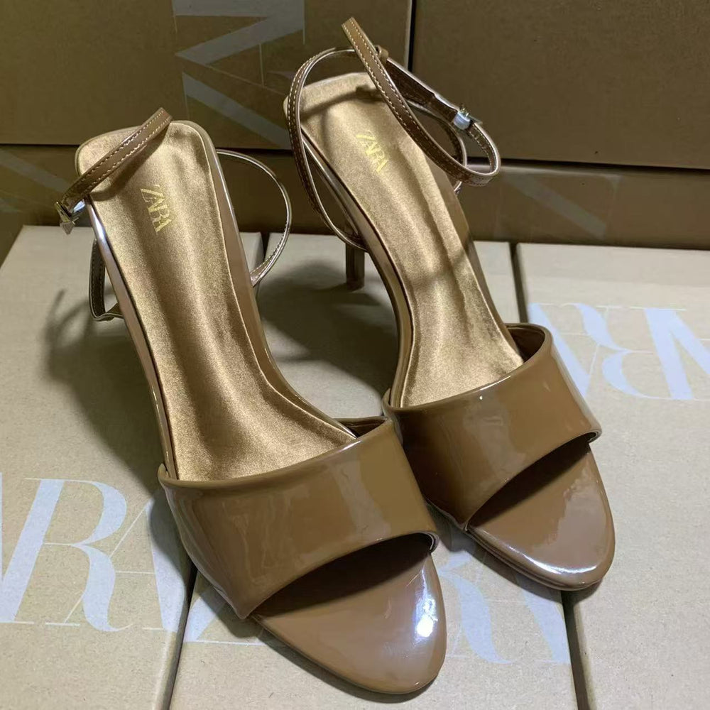 Za's 2025 new women's shoes: low-heeled, elegant, socialite-style pumps with closed toe, low-cut, back-strap detail, brown, open-toe design