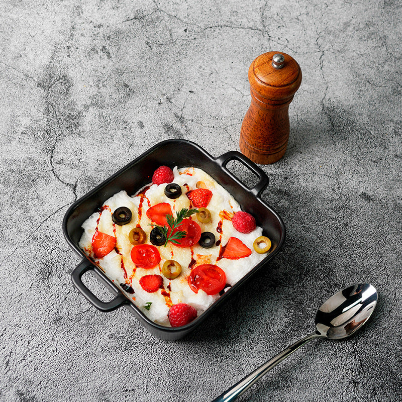 Japanese creative double-ear ceramic for home oven plate microwave oven baking dish cheese rice dish direction matte black plate