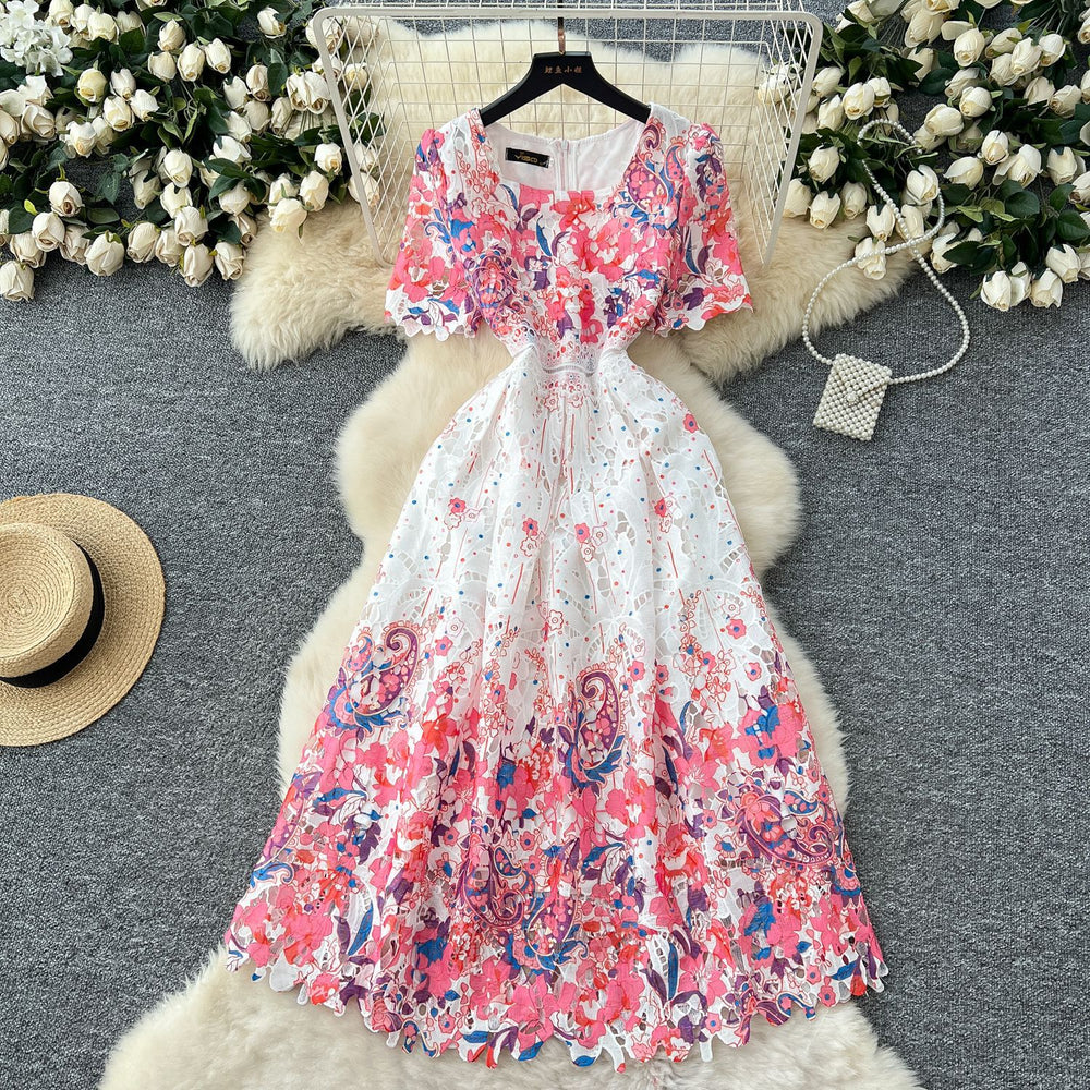 French high-end women's dress - summer  collection: slimming, elegant, and fashionable printed hollow-out crochet lace dress
