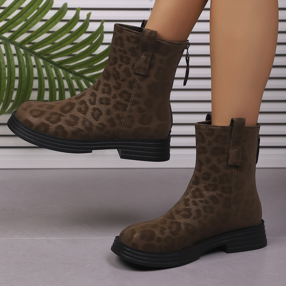 autum leopard print british styleplus size back zipper short boots thick sole round toe retroexportboots women's wholesale