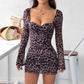 Tk  cross-border leopard print heart neck backless slim fit long sleeve dress party gown