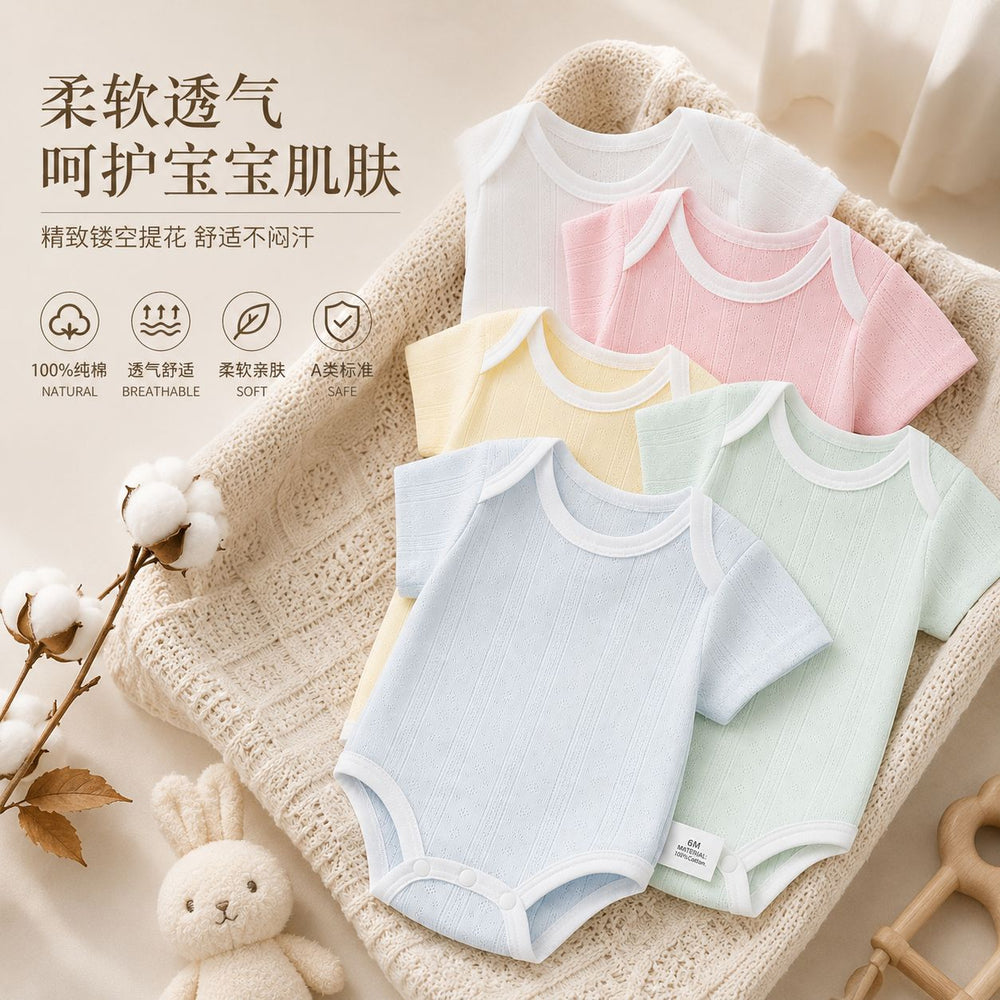 Baby romper - 100% cotton, lightweight summer style - newborn bodysuit, short-sleeve onesie, open-back design for summer