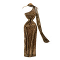 Accessible luxury celebrity classy sense of slope shoulder halter ribbon sleeveless bronzing printing mesh dress waist silm long skirt